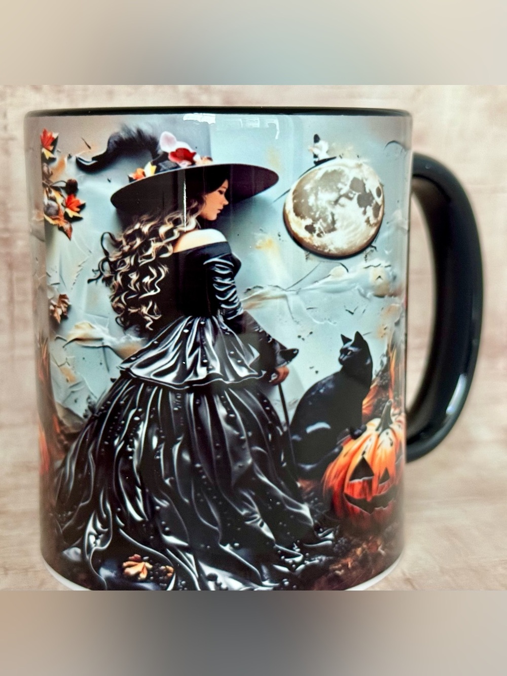 New Halloween Beautiful Gothic Witch Black Cat Pumpkin Ceramic Coffee Mug Cup
